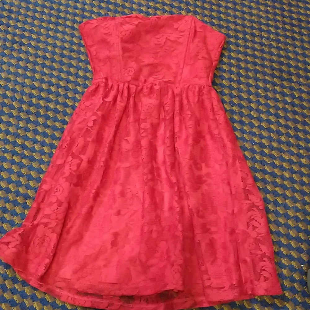 Bright Red Lace Strapless Dress with Open Back